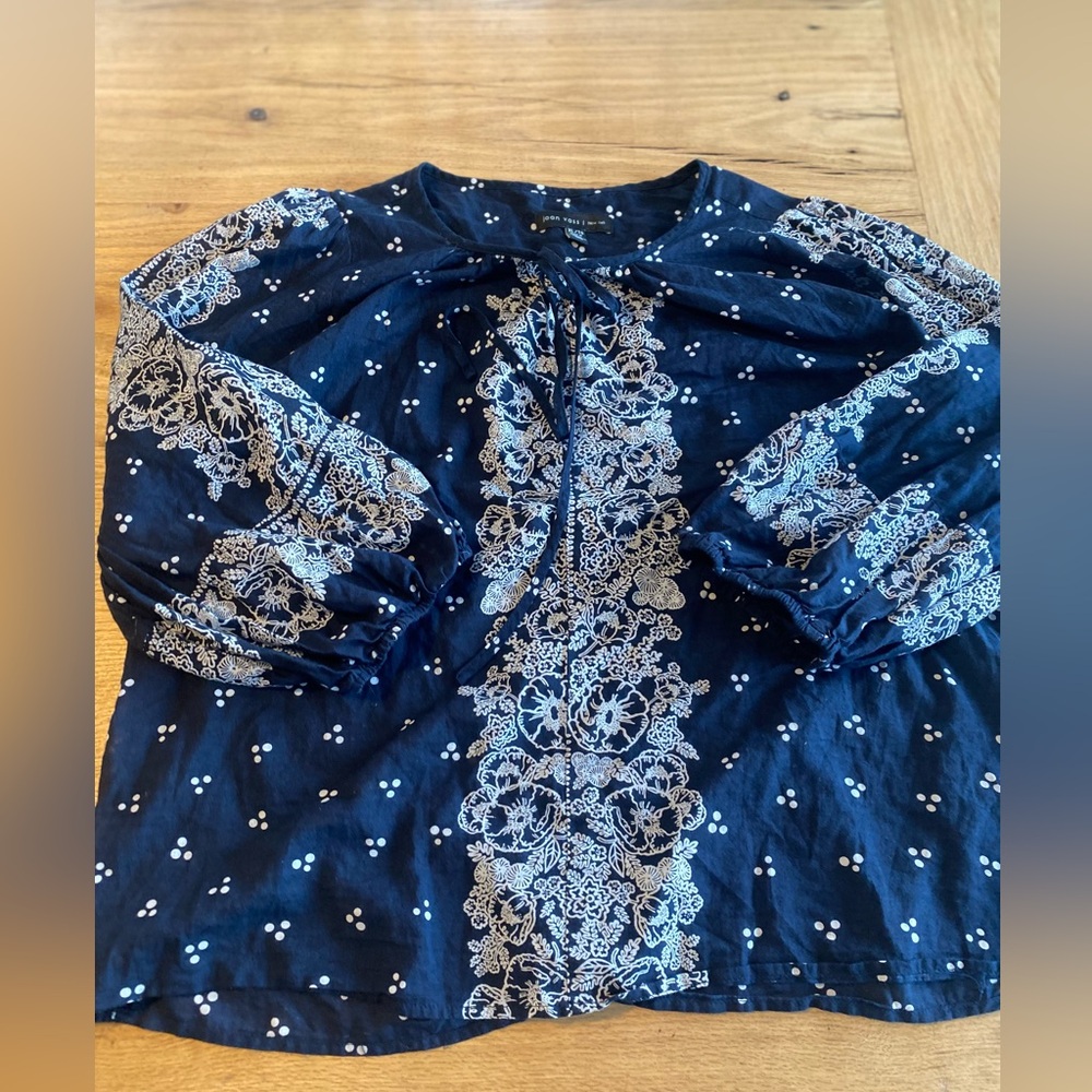 Joan Voss‎ Navy White Peasant Handkerchief Blouse Women’s XL Preloved